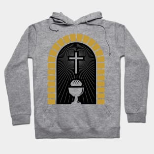 Christian illustration. Cross, holy chalice and bread. Hoodie